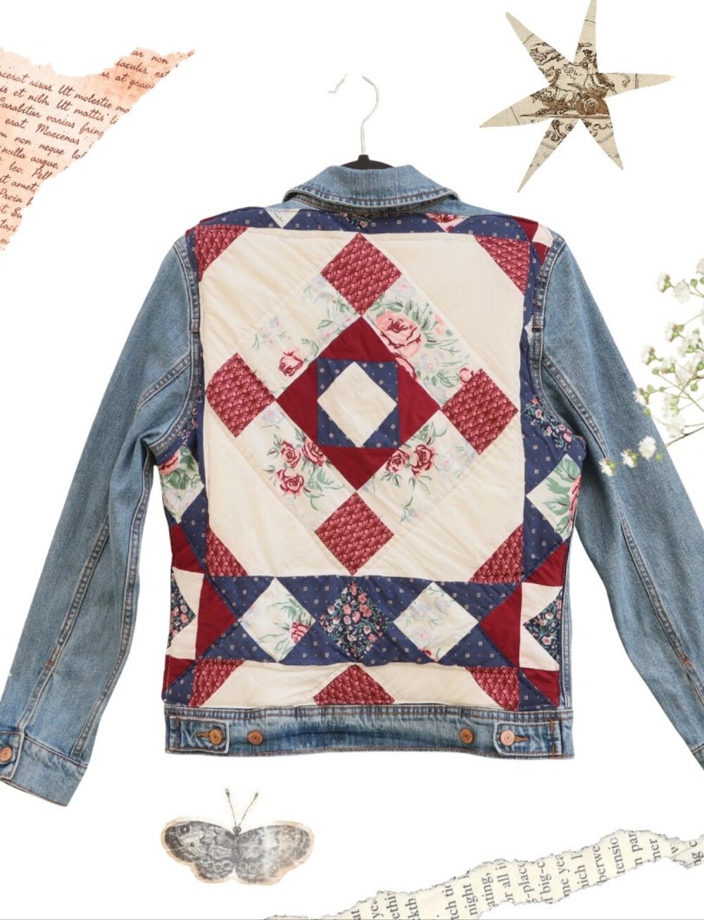 Upcycled Patchwork Quilt Patch on Denim Jacket - Red, Navy & Cream • Medium